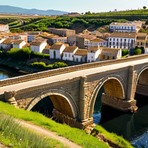 Home 15 **
> Ancient Roman road "Ruta de la Plata" winding through the Spanish countryside, featuring a well-preserved Roman bridge and distant medieval town. Golden light, spring setting.
**