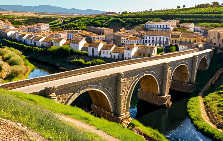 **
> Ancient Roman road "Ruta de la Plata" winding through the Spanish countryside, featuring a well-preserved Roman bridge and distant medieval town. Golden light, spring setting.
**