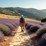 **

"A hiker on the Vía Augusta in Spain, bathed in warm sunlight. Rolling hills covered in thyme and lavender stretch into the distance. In the background, faint ghostly Roman legions march, creating a sense of history and timelessness. Focus on the peaceful landscape and the feeling of being immersed in the past. Mediterranean style"

**