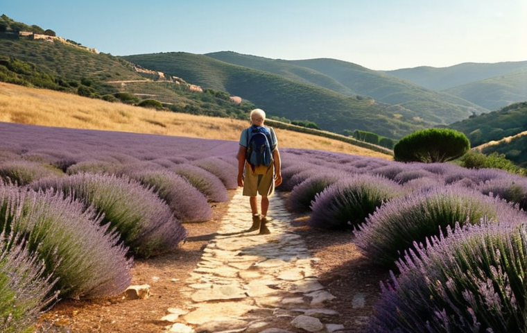 **
"A hiker on the Vía Augusta in Spain, bathed in warm sunlight. Rolling hills covered in thyme and lavender stretch into the distance. In the background, faint ghostly Roman legions march, creating a sense of history and timelessness. Focus on the peaceful landscape and the feeling of being immersed in the past. Mediterranean style"
**