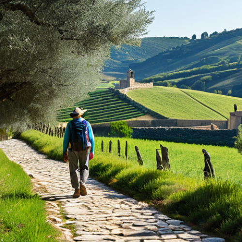 Home 7 A solitary adult hiker, fully clothed in appropriate, modest hiking gear including a backpack and trekking poles, walks along a historical stone path of the Camino de Santiago. The path is surrounded by rolling green hills, ancient olive trees, and leads towards a distant, quaint medieval stone bridge. Sunlight gently illuminates the scene, evoking a sense of peace and historical immersion. Professional photography, high detail, realistic, natural lighting, perfect anatomy, correct proportions, natural pose, well-formed hands, proper finger count, natural body proportions, safe for work, appropriate content, fully clothed, family-friendly.