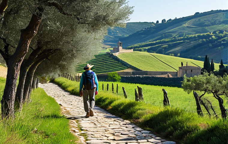 A solitary adult hiker, fully clothed in appropriate, modest hiking gear including a backpack and trekking poles, walks along a historical stone path of the Camino de Santiago. The path is surrounded by rolling green hills, ancient olive trees, and leads towards a distant, quaint medieval stone bridge. Sunlight gently illuminates the scene, evoking a sense of peace and historical immersion. Professional photography, high detail, realistic, natural lighting, perfect anatomy, correct proportions, natural pose, well-formed hands, proper finger count, natural body proportions, safe for work, appropriate content, fully clothed, family-friendly.