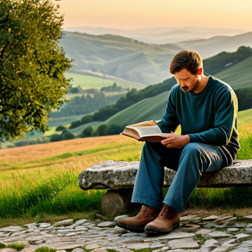Home 8 A solo adult traveler, male, wearing modest and durable hiking gear, including a long-sleeved shirt, hiking trousers, and sturdy boots. He is seated thoughtfully on a weathered stone bench beside an ancient, cobblestone path, deeply engrossed in reading an open, well-worn book with a classic cover. A small, practical backpack rests beside him. The path winds gently through a serene, rural landscape of rolling hills and sparse, gnarled trees, leading towards distant, subtle medieval ruins under a soft, golden hour sky. The scene is illuminated by warm, natural light, emphasizing depth and historical ambiance. Professional photography, high resolution, perfect anatomy, correct proportions, natural pose, well-formed hands, proper finger count, natural body proportions, safe for work, appropriate content, fully clothed, professional dress, modest, family-friendly.