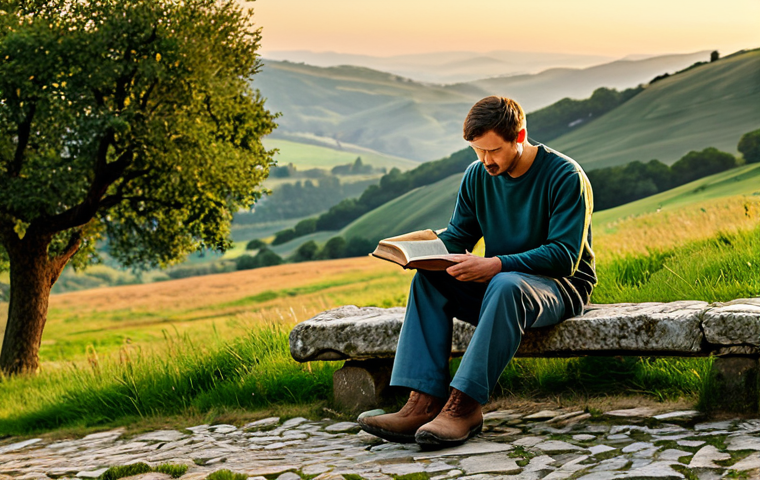 A solo adult traveler, male, wearing modest and durable hiking gear, including a long-sleeved shirt, hiking trousers, and sturdy boots. He is seated thoughtfully on a weathered stone bench beside an ancient, cobblestone path, deeply engrossed in reading an open, well-worn book with a classic cover. A small, practical backpack rests beside him. The path winds gently through a serene, rural landscape of rolling hills and sparse, gnarled trees, leading towards distant, subtle medieval ruins under a soft, golden hour sky. The scene is illuminated by warm, natural light, emphasizing depth and historical ambiance. Professional photography, high resolution, perfect anatomy, correct proportions, natural pose, well-formed hands, proper finger count, natural body proportions, safe for work, appropriate content, fully clothed, professional dress, modest, family-friendly.