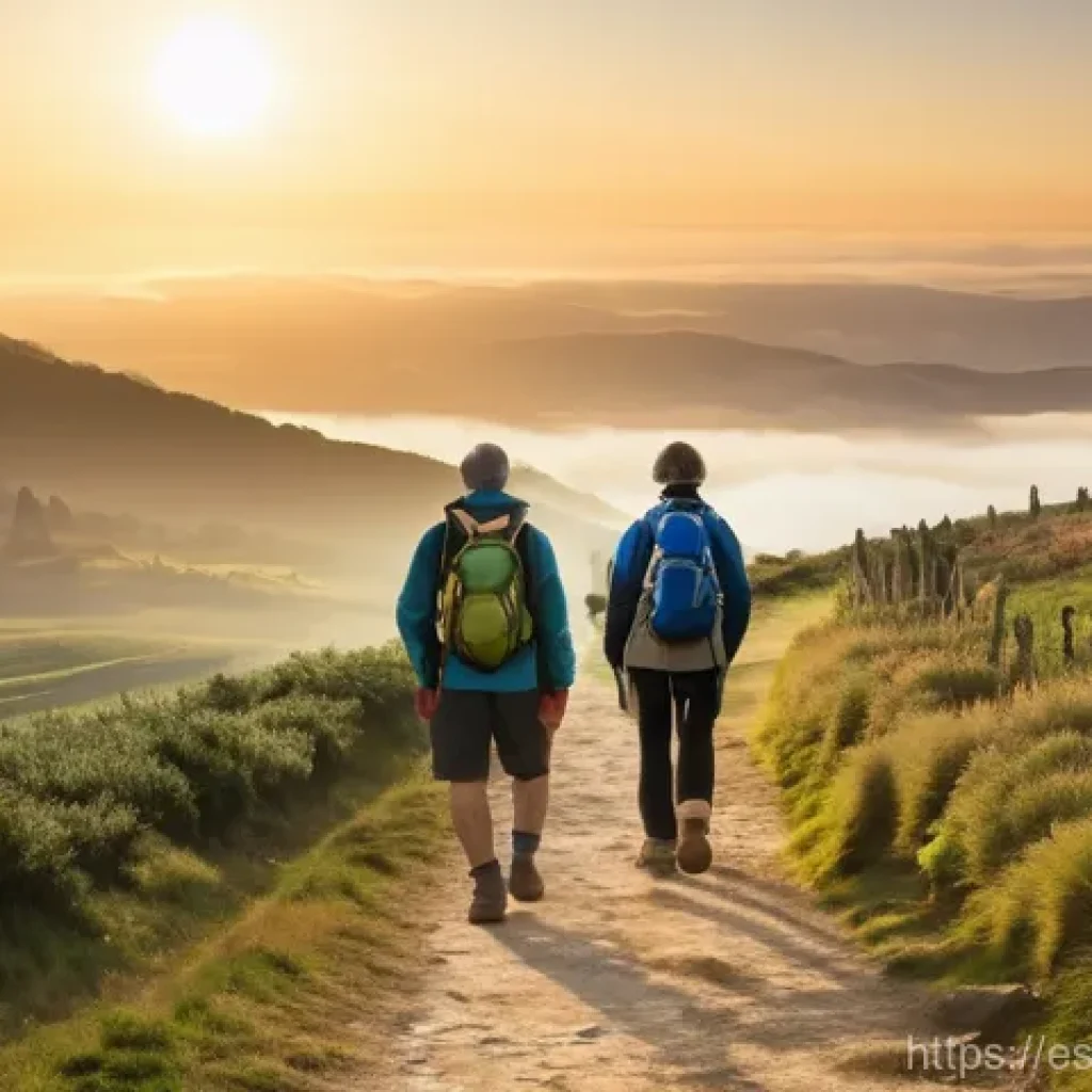 전문가가 추천하는 역사적 도보 루트 트레킹 - **Prompt: "Sunrise on the Camino de Santiago"**
    A group of diverse hikers, approximately five in...