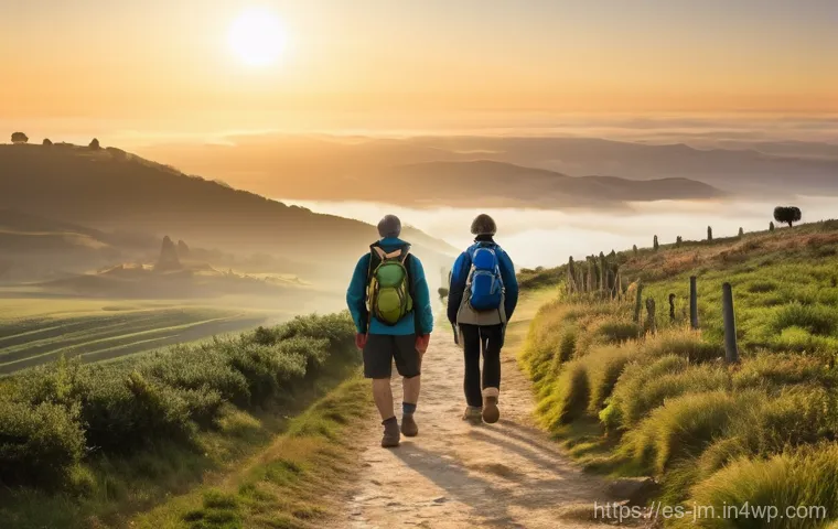 전문가가 추천하는 역사적 도보 루트 트레킹 - **Prompt: "Sunrise on the Camino de Santiago"**
A group of diverse hikers, approximately five in...
