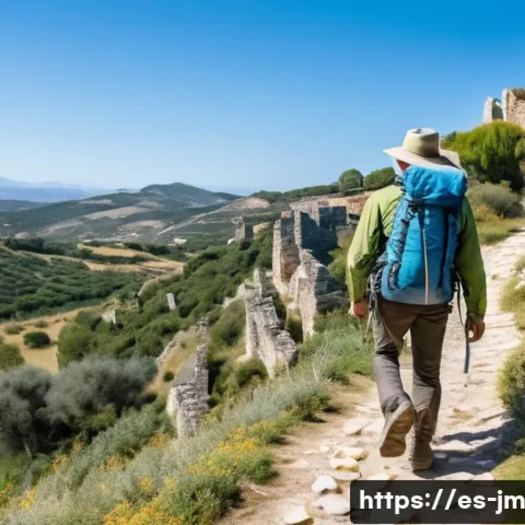 역사적 도보 루트 트레킹 시 유의할 점 - A detailed scene of a hiker walking along a historic trail in rural Spain during a sunny day, wearin...
