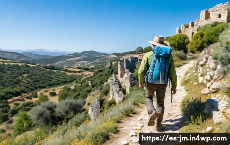 역사적 도보 루트 트레킹 시 유의할 점 - A detailed scene of a hiker walking along a historic trail in rural Spain during a sunny day, wearin...
