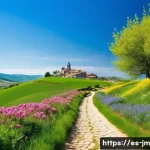 계절별 역사적 도보 루트 트레킹 추천 - A scenic springtime view of the Camino de Santiago trail winding through lush green fields dotted wi...