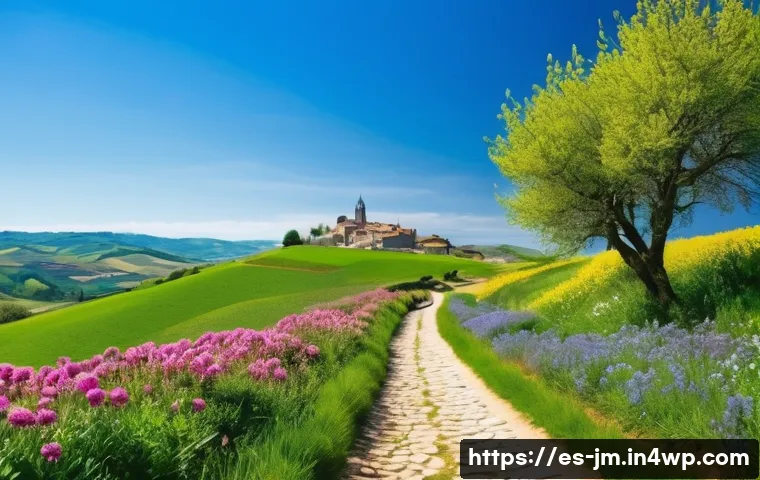 계절별 역사적 도보 루트 트레킹 추천 - A scenic springtime view of the Camino de Santiago trail winding through lush green fields dotted wi...