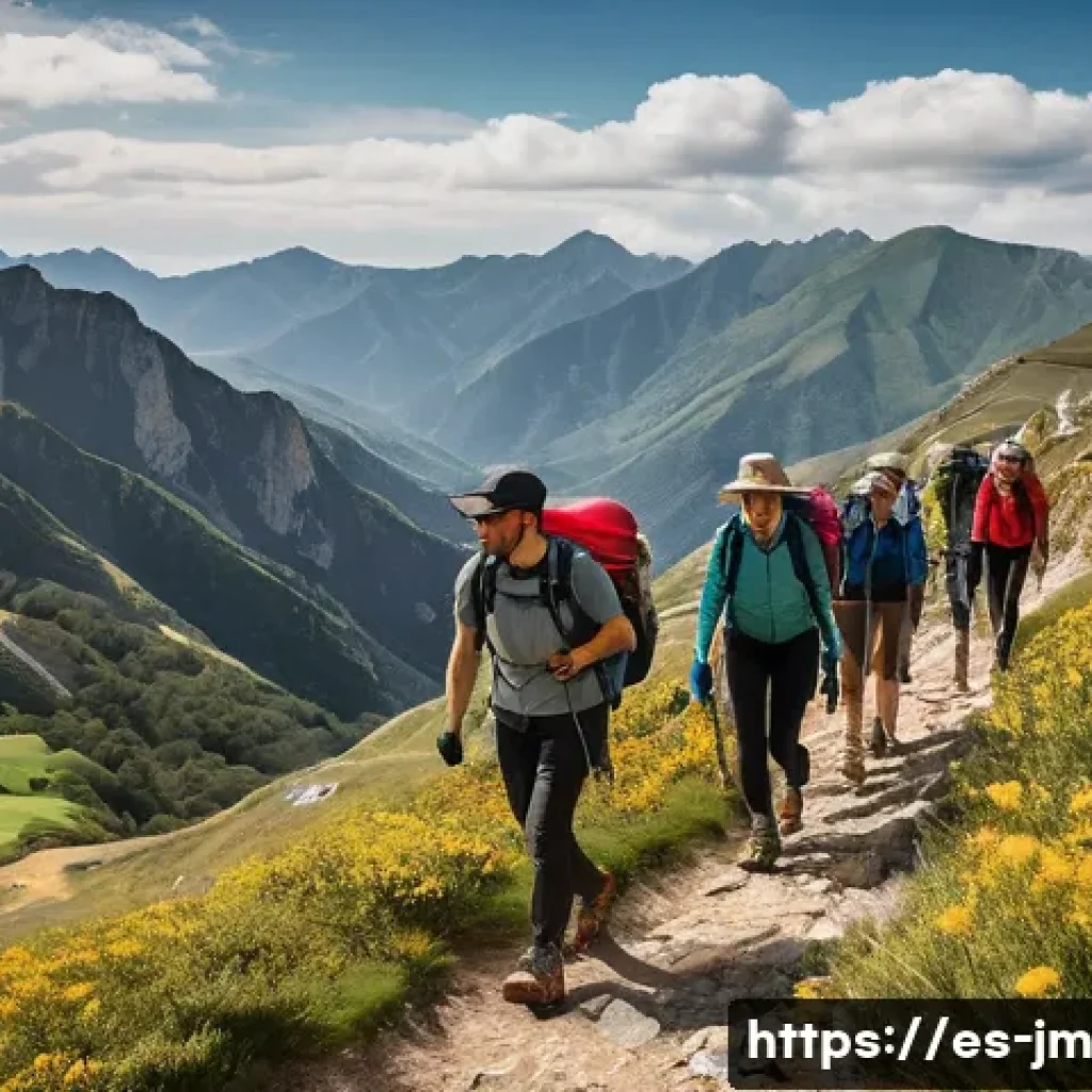 역사적 도보 루트 트레킹의 의류 선택 가이드 - A group of hikers trekking along a historic trail in a lush Spanish countryside during spring, weari...