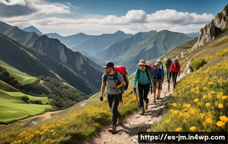역사적 도보 루트 트레킹의 의류 선택 가이드 - A group of hikers trekking along a historic trail in a lush Spanish countryside during spring, weari...