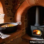 역사적 도보 루트 트레킹에서 만나는 전통 음식 - A rustic Spanish mountain village kitchen scene showcasing a traditional clay pot stew simmering on ...