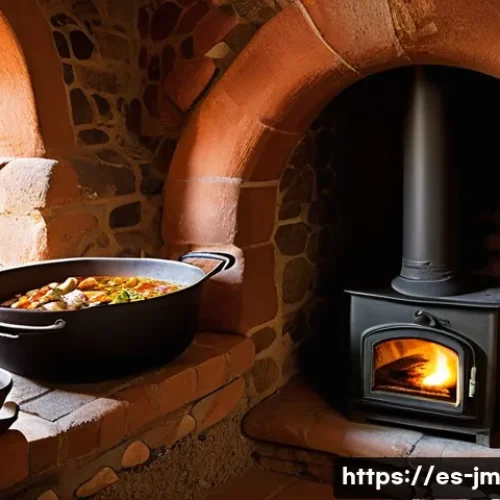 역사적 도보 루트 트레킹에서 만나는 전통 음식 - A rustic Spanish mountain village kitchen scene showcasing a traditional clay pot stew simmering on ...