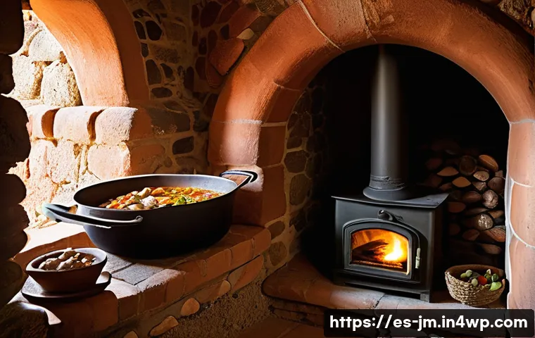 역사적 도보 루트 트레킹에서 만나는 전통 음식 - A rustic Spanish mountain village kitchen scene showcasing a traditional clay pot stew simmering on ...