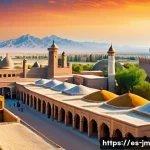 유명 역사적 도보 루트 트레킹 10선 - A panoramic view of the ancient Silk Road in Uzbekistan, featuring a traditional bustling bazaar wit...
