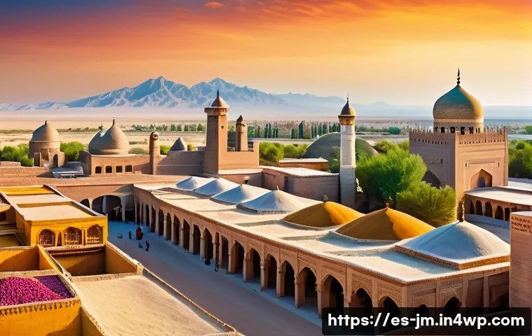 유명 역사적 도보 루트 트레킹 10선 - A panoramic view of the ancient Silk Road in Uzbekistan, featuring a traditional bustling bazaar wit...
