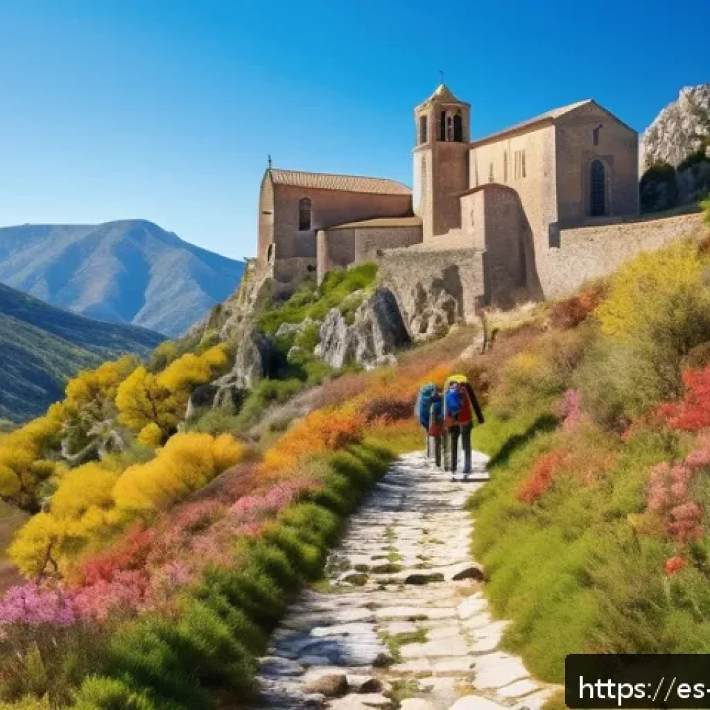역사적 도보 루트 트레킹의 즐거움을 극대화하는 방법 - A scenic historical trekking trail in Spain during spring, showing a group of hikers wearing layered...