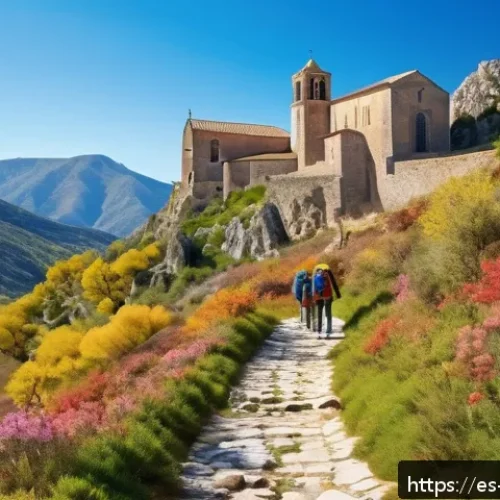 역사적 도보 루트 트레킹의 즐거움을 극대화하는 방법 - A scenic historical trekking trail in Spain during spring, showing a group of hikers wearing layered...