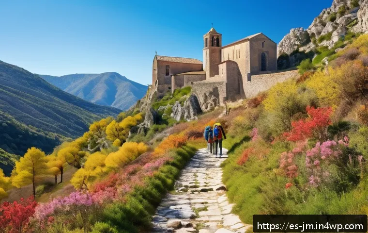 역사적 도보 루트 트레킹의 즐거움을 극대화하는 방법 - A scenic historical trekking trail in Spain during spring, showing a group of hikers wearing layered...