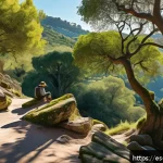 역사적 도보 루트 트레킹과 함께하는 창작 활동 - A serene historical hiking trail in the Spanish countryside during golden hour, featuring ancient st...