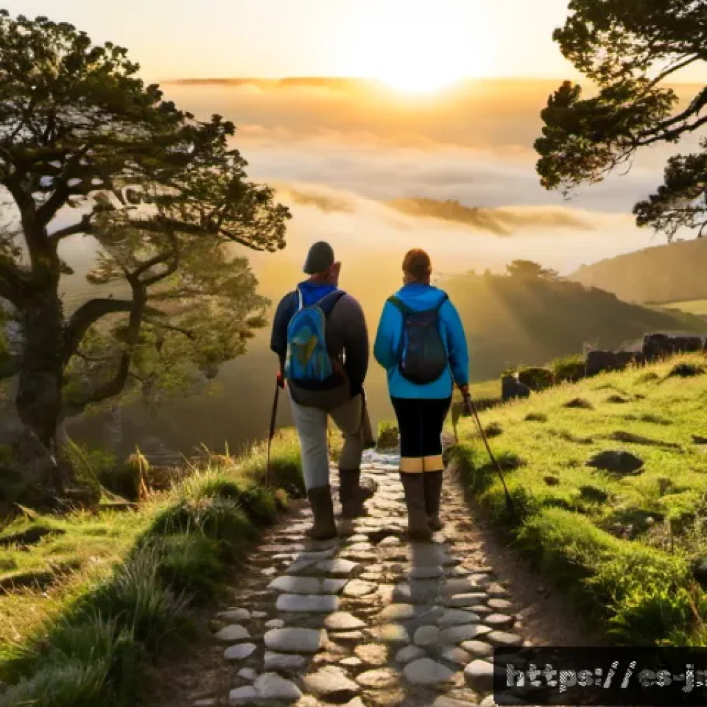 여행자들의 역사적 도보 루트 트레킹 경험담 - Photorealistic sunrise on the Camino de Santiago across the misty Galician countryside, diverse adul...