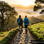 Home 23 여행자들의 역사적 도보 루트 트레킹 경험담 - Photorealistic sunrise on the Camino de Santiago across the misty Galician countryside, diverse adul...