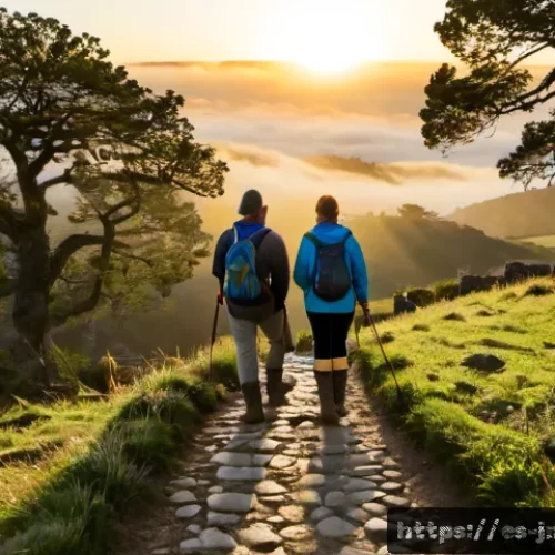 Home 17 여행자들의 역사적 도보 루트 트레킹 경험담 - Photorealistic sunrise on the Camino de Santiago across the misty Galician countryside, diverse adul...
