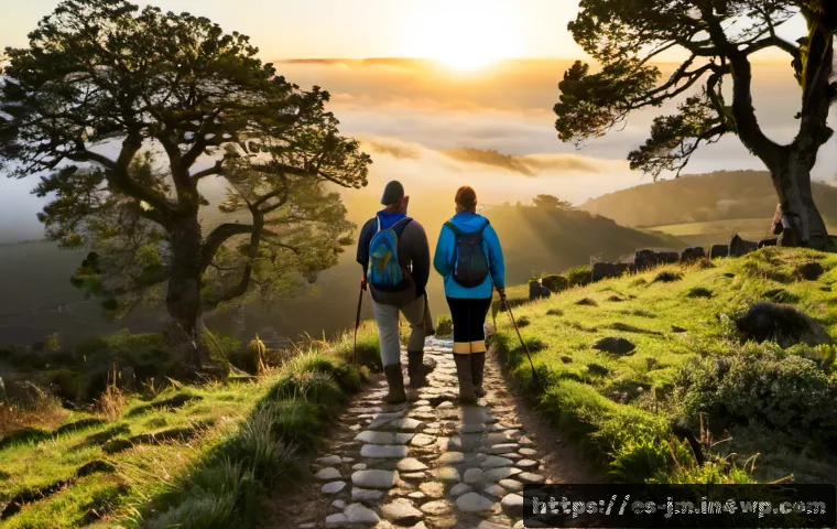 여행자들의 역사적 도보 루트 트레킹 경험담 - Photorealistic sunrise on the Camino de Santiago across the misty Galician countryside, diverse adul...
