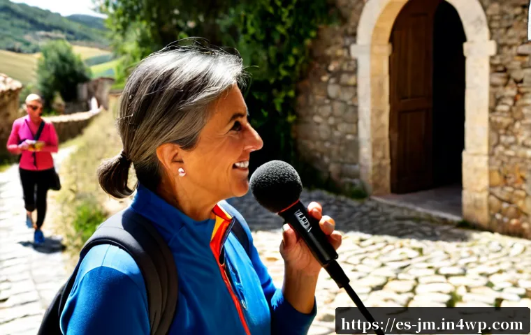역사적 도보 루트 트레킹의 인터뷰와 후기 - Photorealistic travel interview on the Camino de Santiago in northern Spain, a friendly middle-aged ...